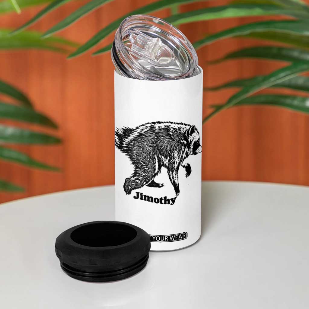 Jimothy Viral Seattle Raccoon Vintage Woodcut Style Graphic 4 in 1 Can Cooler Tumbler Funny Trash Panda Wildlife Meme