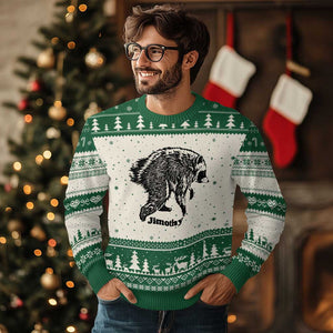 Jimothy Viral Seattle Raccoon Vintage Woodcut Style Graphic Ugly Christmas Sweater Funny Trash Panda Wildlife Meme