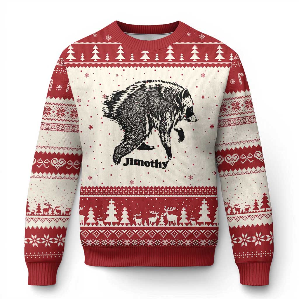 Jimothy Viral Seattle Raccoon Vintage Woodcut Style Graphic Ugly Christmas Sweater Funny Trash Panda Wildlife Meme