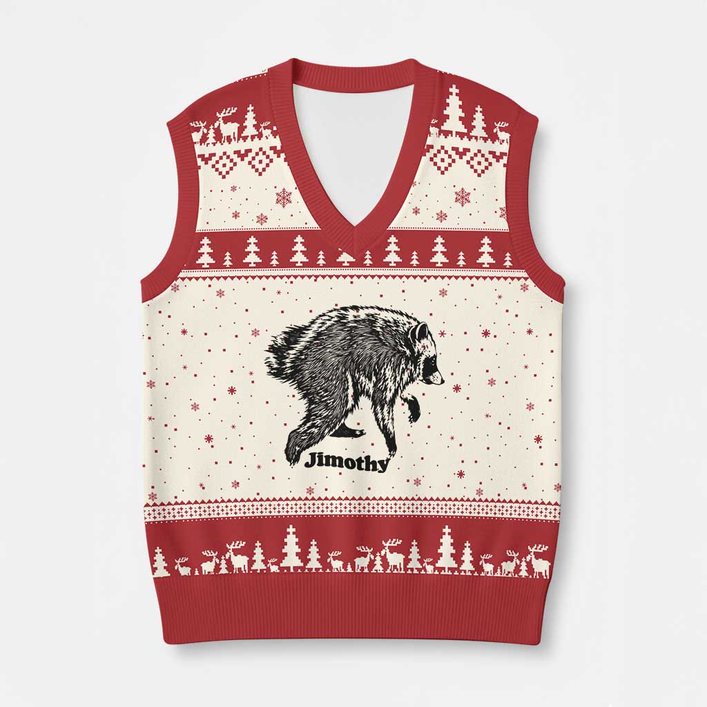 Jimothy Viral Seattle Raccoon Vintage Woodcut Style Graphic V-Neck Knit Sweater Vest Funny Trash Panda Wildlife Meme TS02 Beige Red Print Your Wear