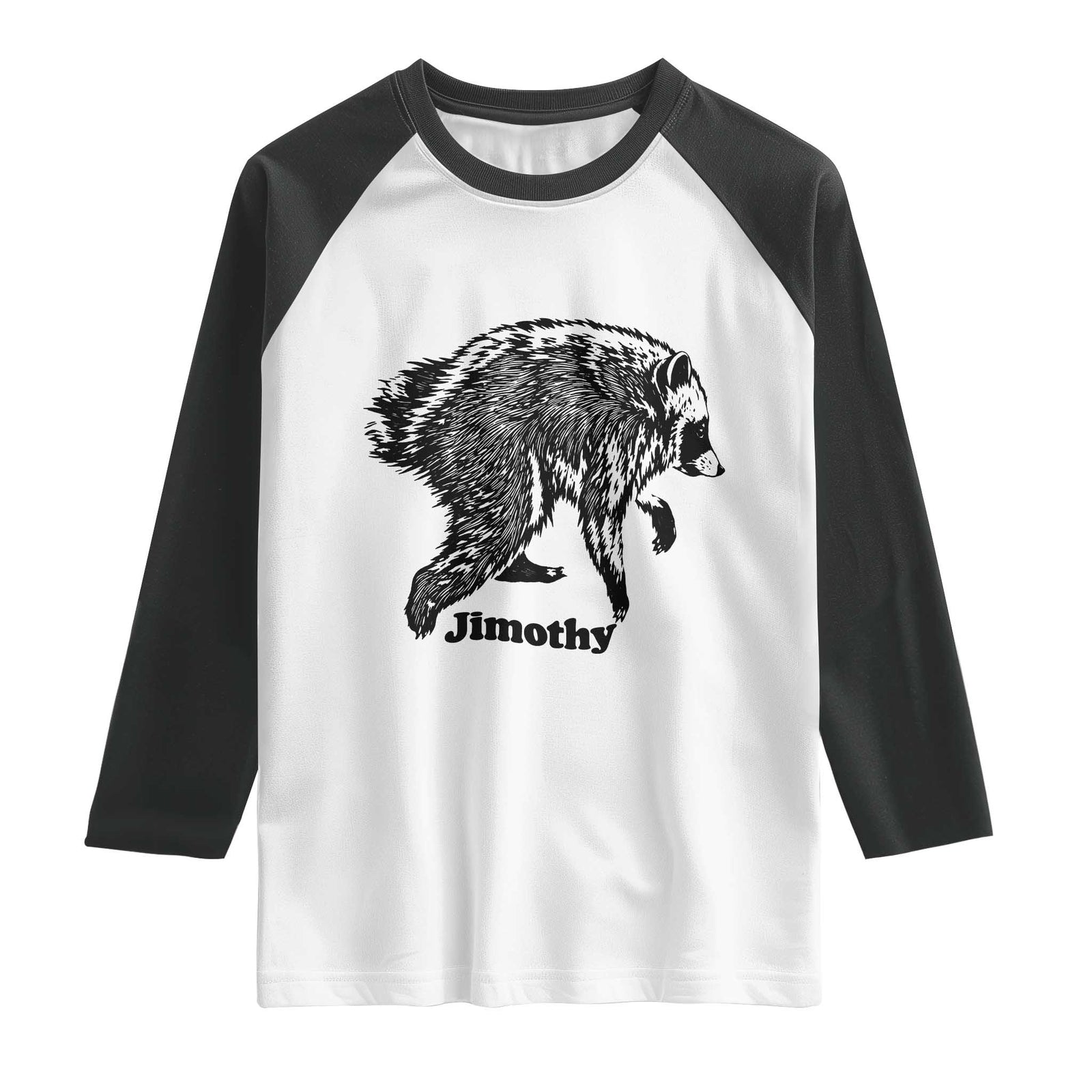 Jimothy Viral Seattle Raccoon Vintage Woodcut Style Graphic Raglan Shirt Funny Trash Panda Wildlife Meme TS02 White Black Print Your Wear