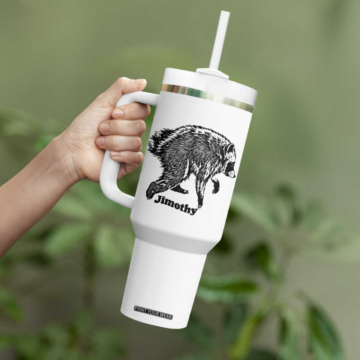 Jimothy Viral Seattle Raccoon Vintage Woodcut Style Graphic Tumbler With Handle Funny Trash Panda Wildlife Meme