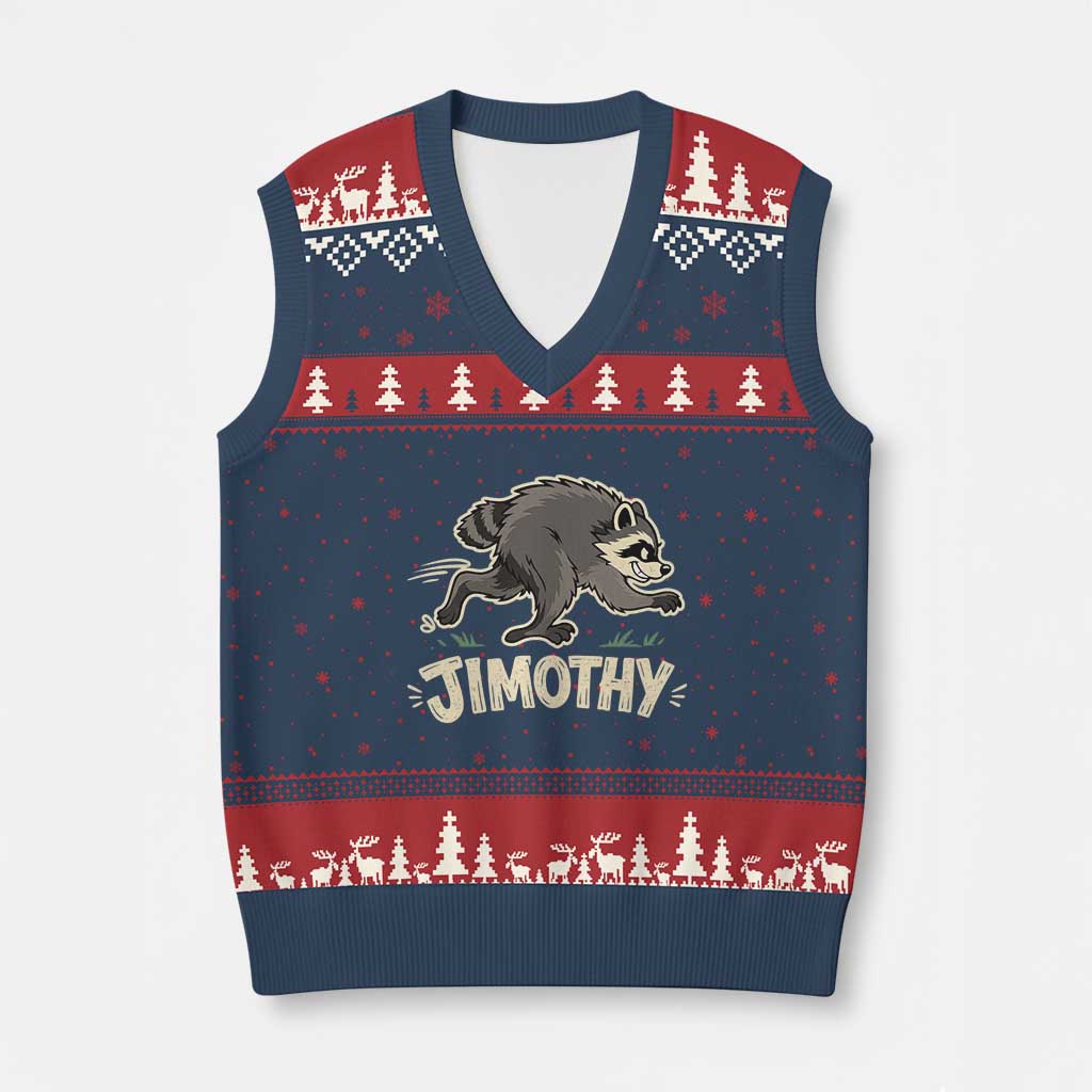 Funny Running Jimothy the Raccoon V-Neck Knit Sweater Vest Viral Seattle Trash Panda Meme TS02 Navy Red Print Your Wear