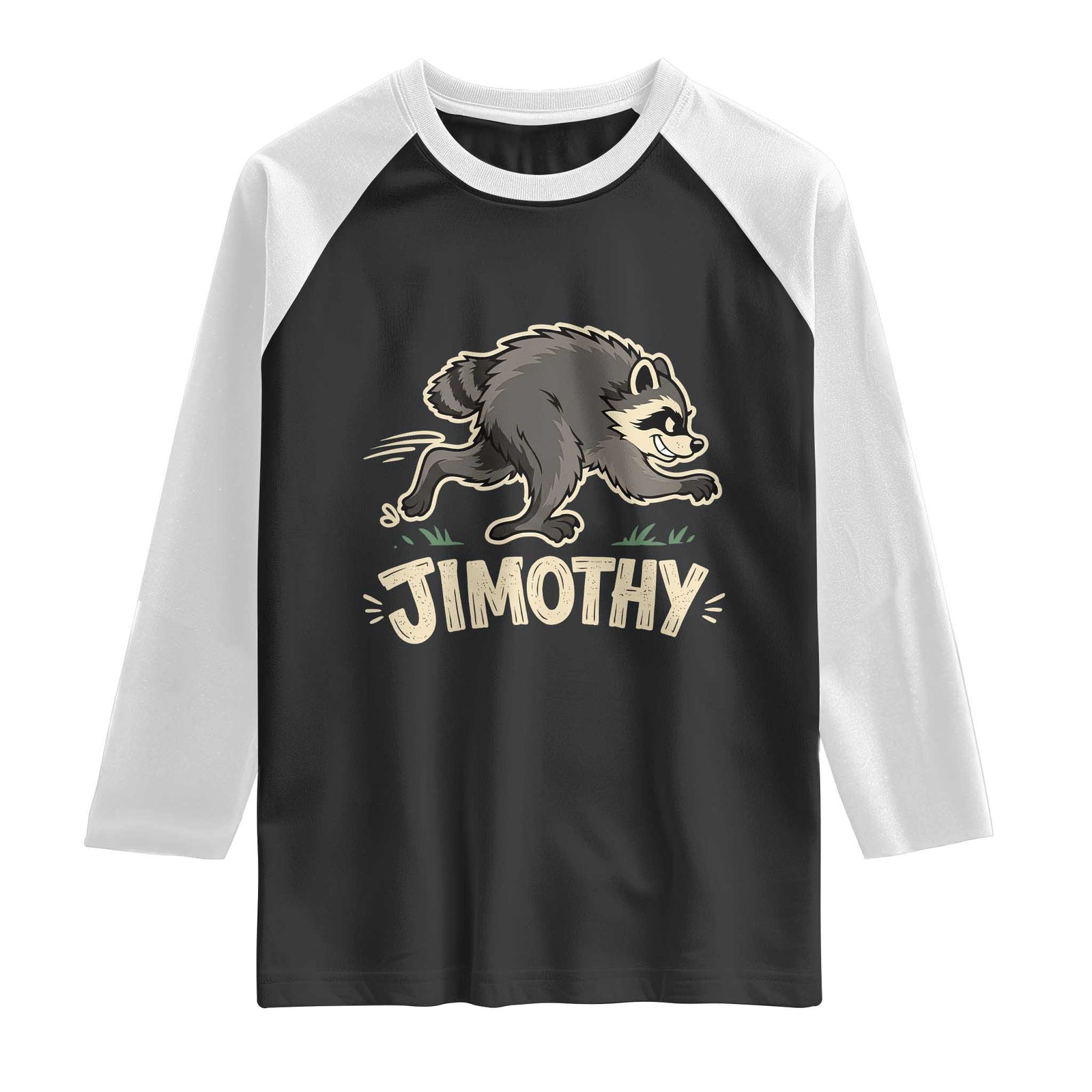 Funny Running Jimothy the Raccoon Raglan Shirt Viral Seattle Trash Panda Meme TS02 Black White Print Your Wear