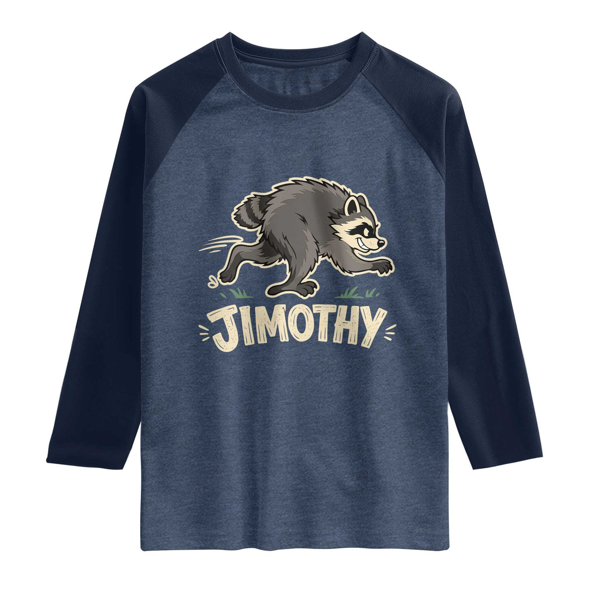 Funny Running Jimothy the Raccoon Raglan Shirt Viral Seattle Trash Panda Meme TS02 Heather Denim Navy Print Your Wear