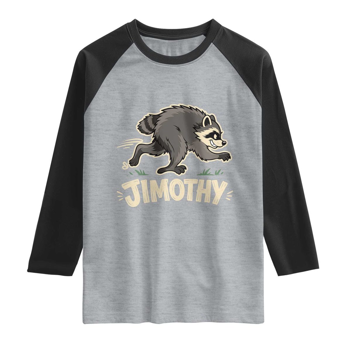 Funny Running Jimothy the Raccoon Raglan Shirt Viral Seattle Trash Panda Meme TS02 Heather Gray Black Print Your Wear