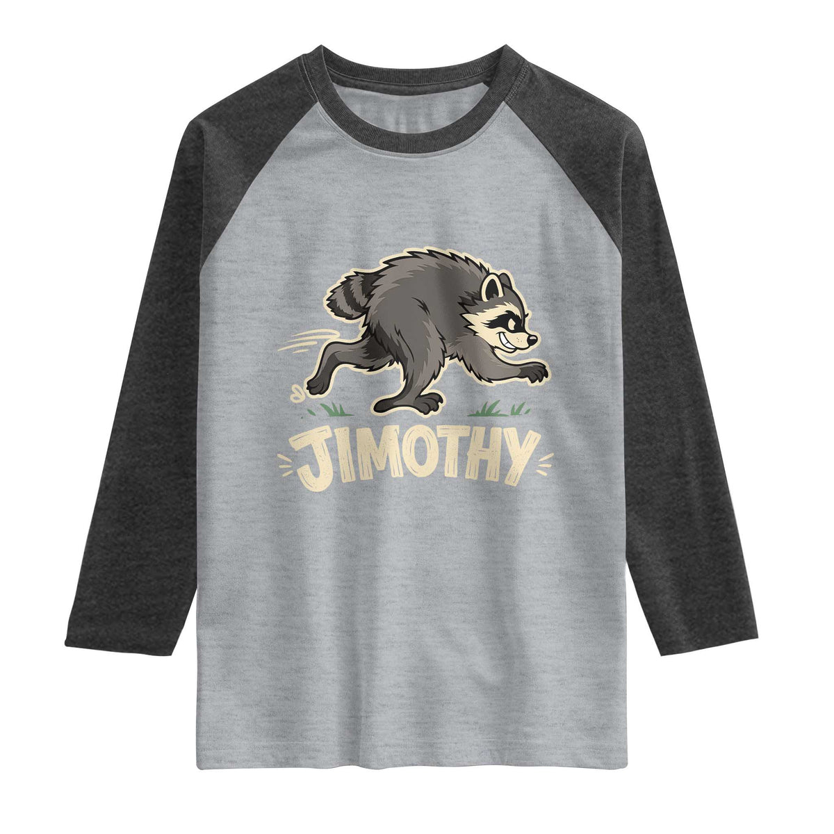Funny Running Jimothy the Raccoon Raglan Shirt Viral Seattle Trash Panda Meme TS02 Heather Gray Heather Charcoal Print Your Wear