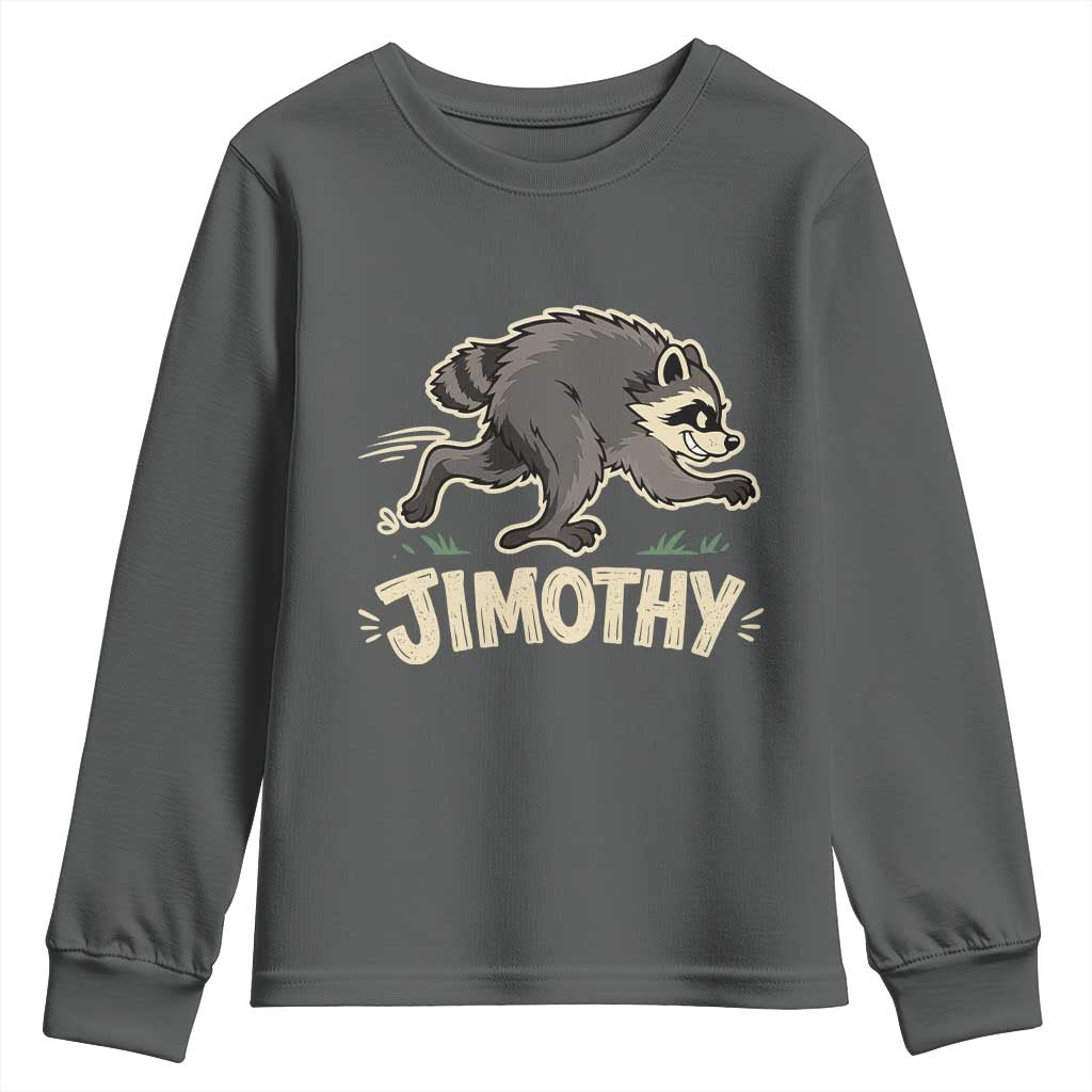 Funny Running Jimothy the Raccoon Youth Sweatshirt Viral Seattle Trash Panda Meme TS02 Dark Heather Print Your Wear