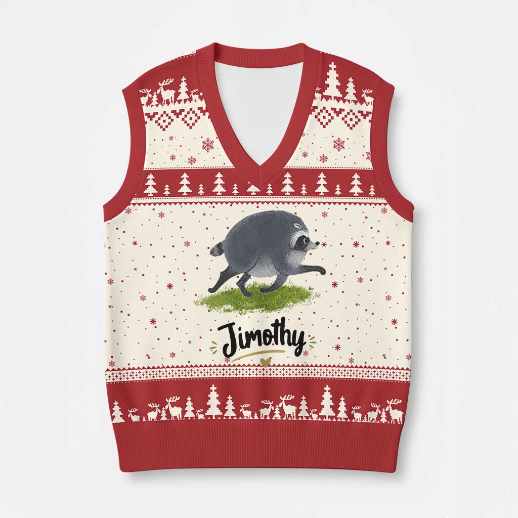Cute Running Jimothy the Raccoon V-Neck Knit Sweater Vest Viral Seattle Trash Panda Meme TS02 Beige Red Print Your Wear