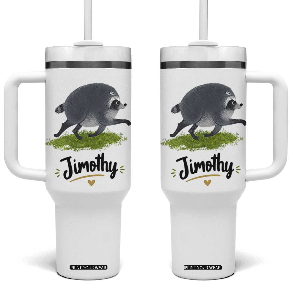 Cute Running Jimothy the Raccoon Tumbler With Handle Viral Seattle Trash Panda Meme TS02 One Size: 40 oz White Print Your Wear