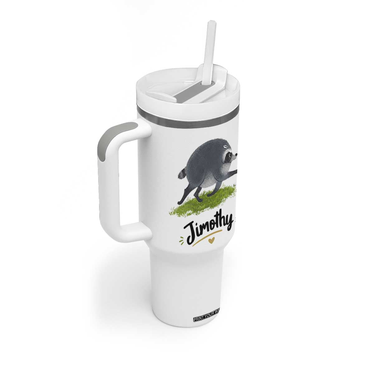 Cute Running Jimothy the Raccoon Tumbler With Handle Viral Seattle Trash Panda Meme TS02 Print Your Wear