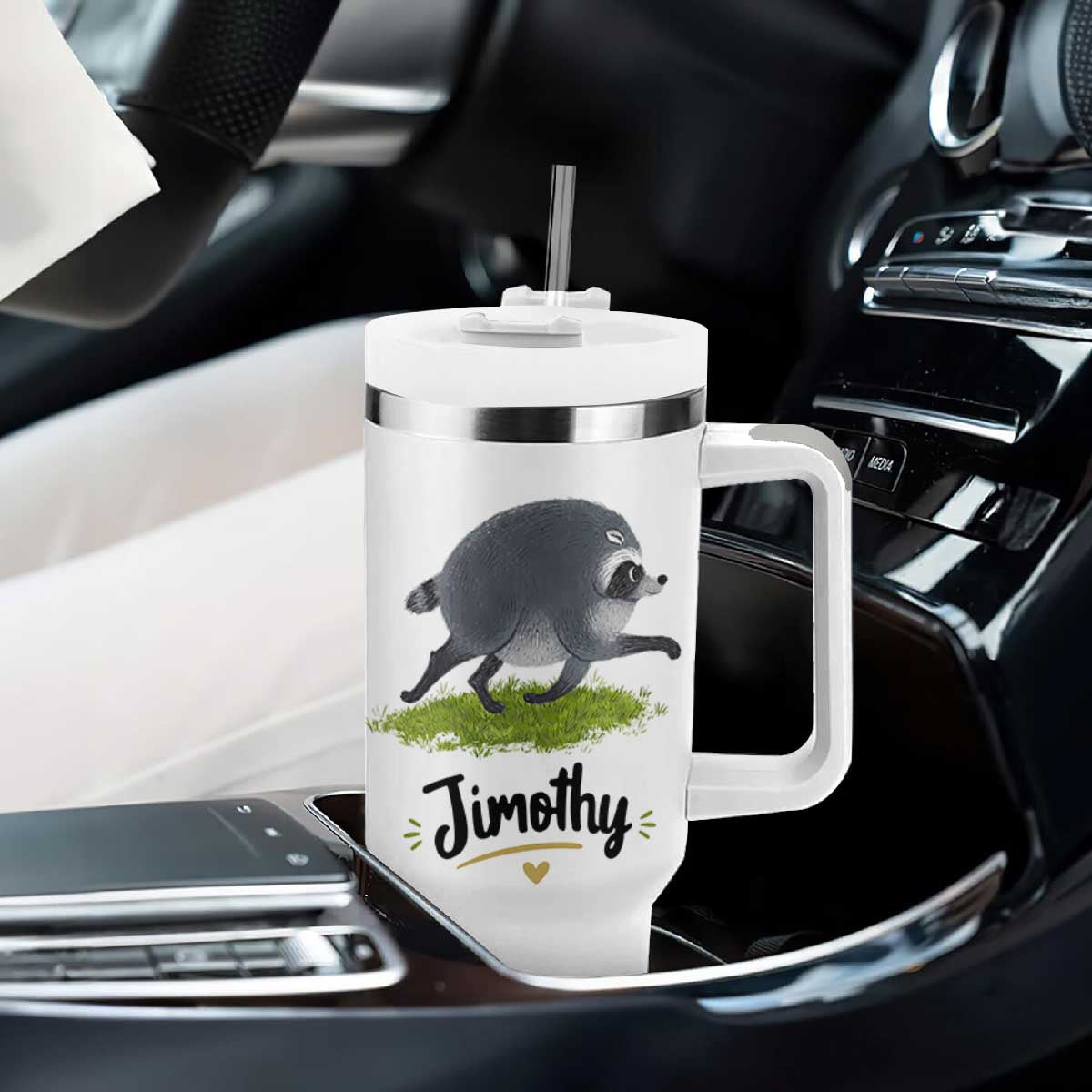 Cute Running Jimothy the Raccoon Tumbler With Handle Viral Seattle Trash Panda Meme TS02 Print Your Wear