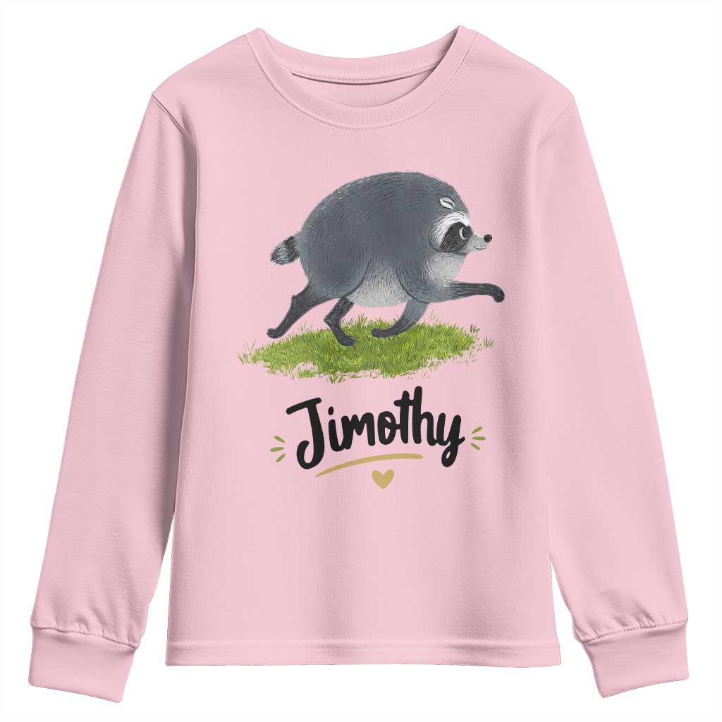 Cute Running Jimothy the Raccoon Youth Sweatshirt Viral Seattle Trash Panda Meme TS02 Light Pink Print Your Wear
