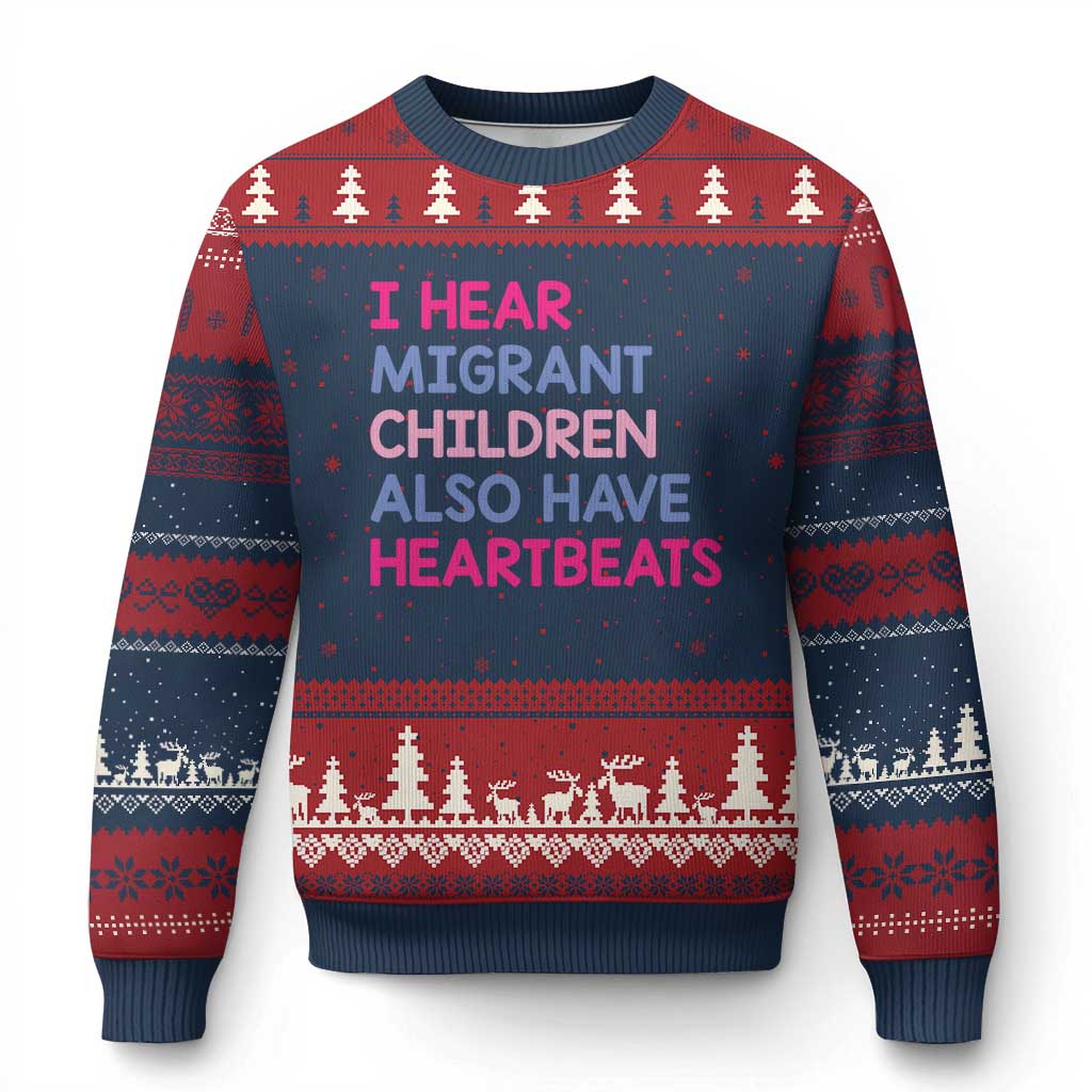 I Hear Migrant Children Also Have Heartbeats Ugly Christmas Sweater Sarcastic Human Rights Activism TS02 Navy Red Print Your Wear