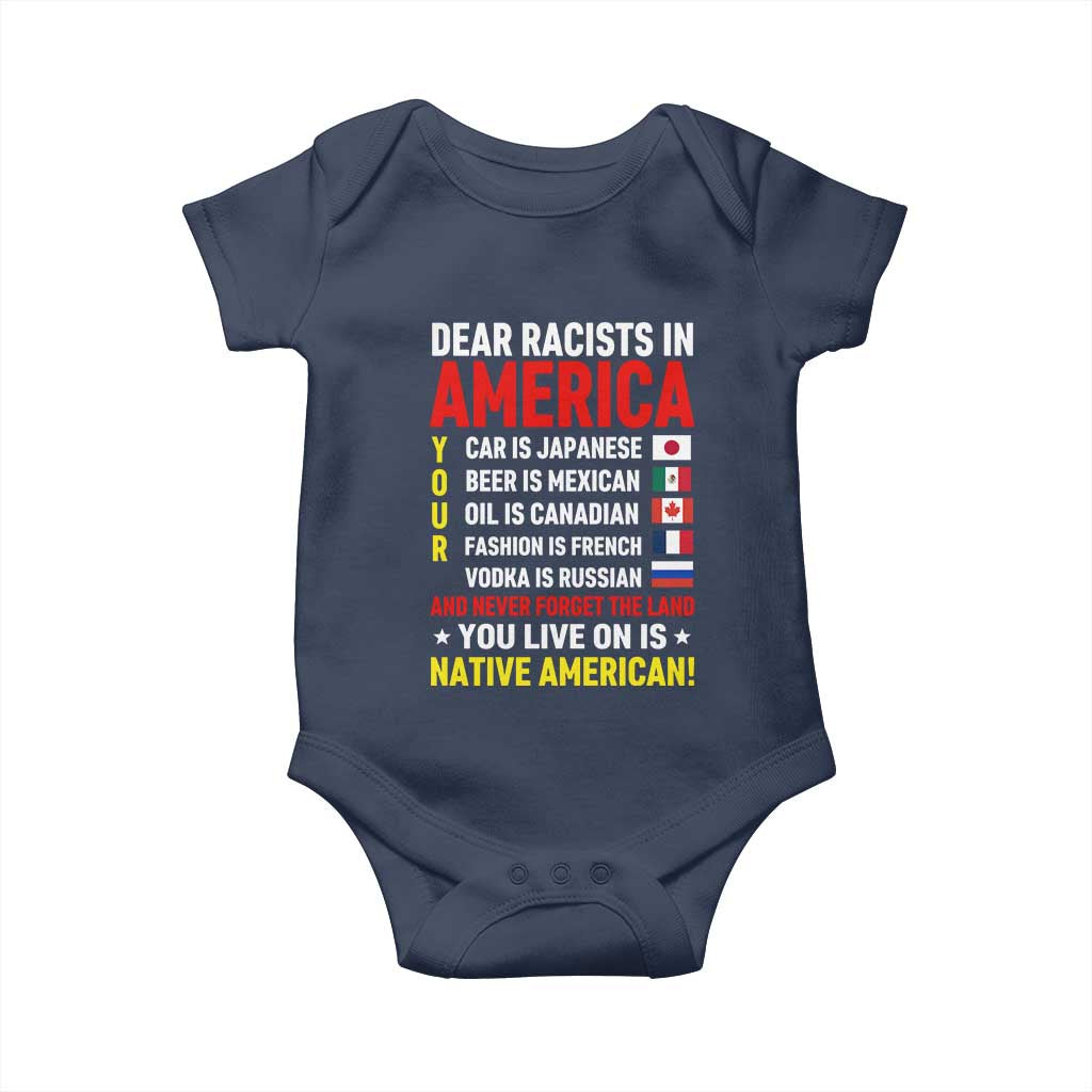 Dear Racists In America Land You Live On Is Native American Baby Onesie Anti Racism Social Justice TS02 Navy Print Your Wear