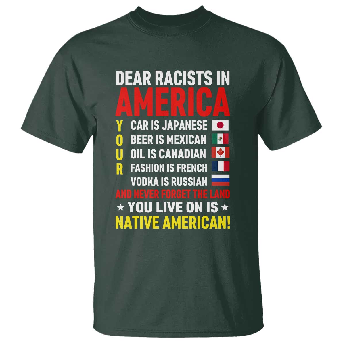 Dear Racists In America Land You Live On Is Native American T Shirt Anti Racism Social Justice TS02 Dark Forest Green Print Your Wear