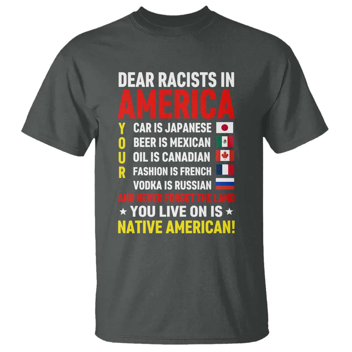 Dear Racists In America Land You Live On Is Native American T Shirt Anti Racism Social Justice TS02 Dark Heather Print Your Wear