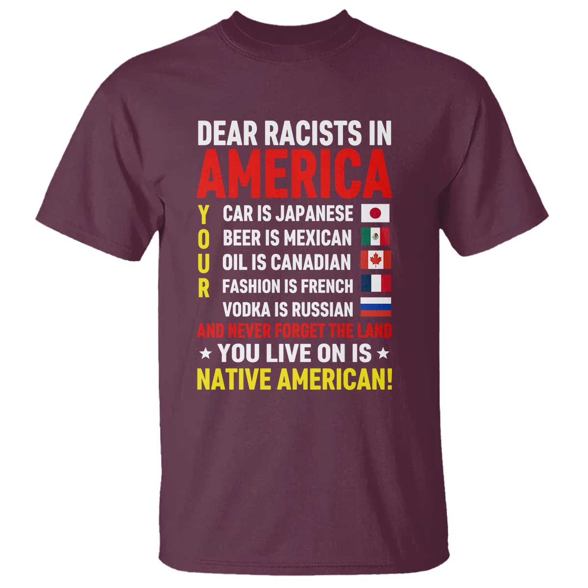 Dear Racists In America Land You Live On Is Native American T Shirt Anti Racism Social Justice TS02 Maroon Print Your Wear