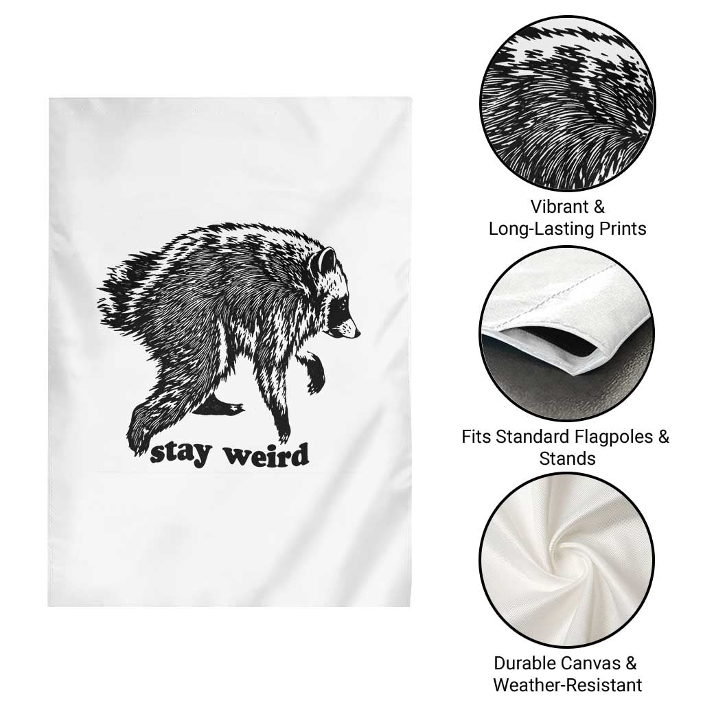 Stay Weird Jimothy the Raccoon Vintage Woodcut Style Graphic Garden Flag Funny Seattle Trash Panda Meme