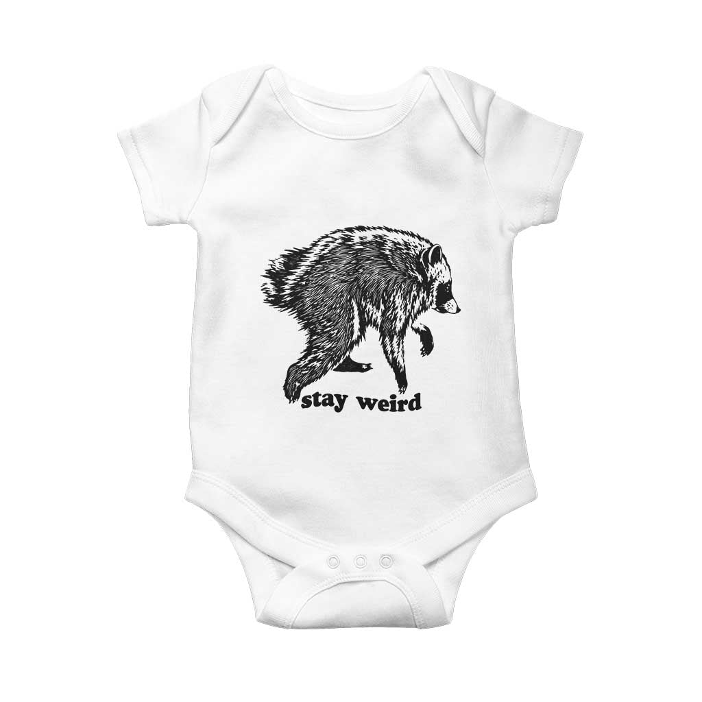 Stay Weird Jimothy the Raccoon Vintage Woodcut Style Graphic Baby Onesie Funny Seattle Trash Panda Meme TS02 White Print Your Wear
