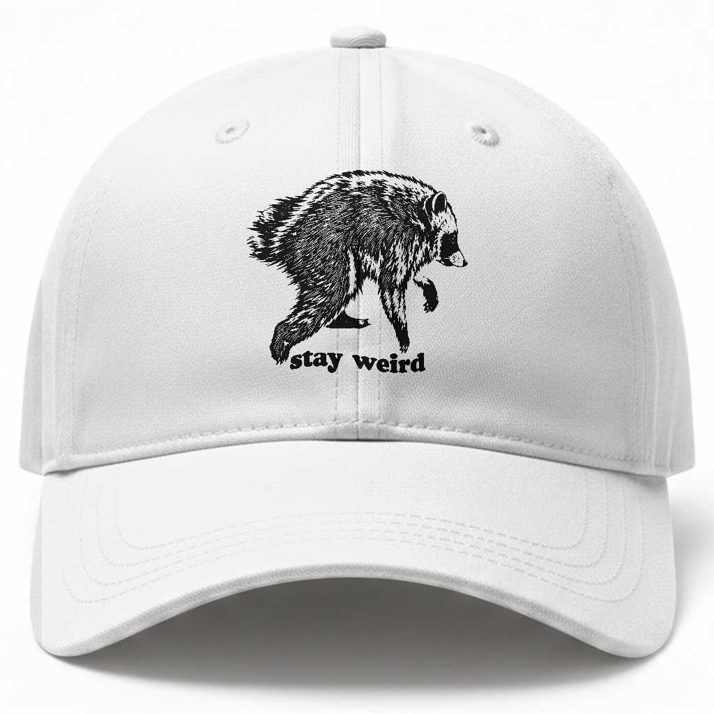 Stay Weird Jimothy the Raccoon Vintage Woodcut Style Graphic Baseball Cap Funny Seattle Trash Panda Meme TS02 Print Your Wear