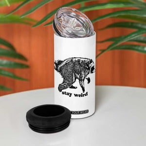 Stay Weird Jimothy the Raccoon Vintage Woodcut Style Graphic 4 in 1 Can Cooler Tumbler Funny Seattle Trash Panda Meme
