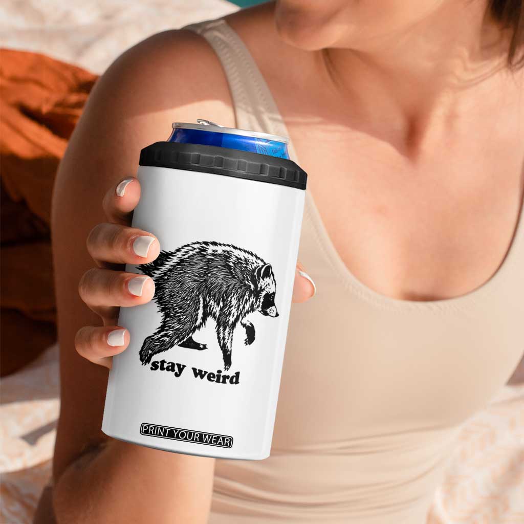Stay Weird Jimothy the Raccoon Vintage Woodcut Style Graphic 4 in 1 Can Cooler Tumbler Funny Seattle Trash Panda Meme