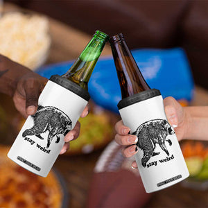 Stay Weird Jimothy the Raccoon Vintage Woodcut Style Graphic 4 in 1 Can Cooler Tumbler Funny Seattle Trash Panda Meme