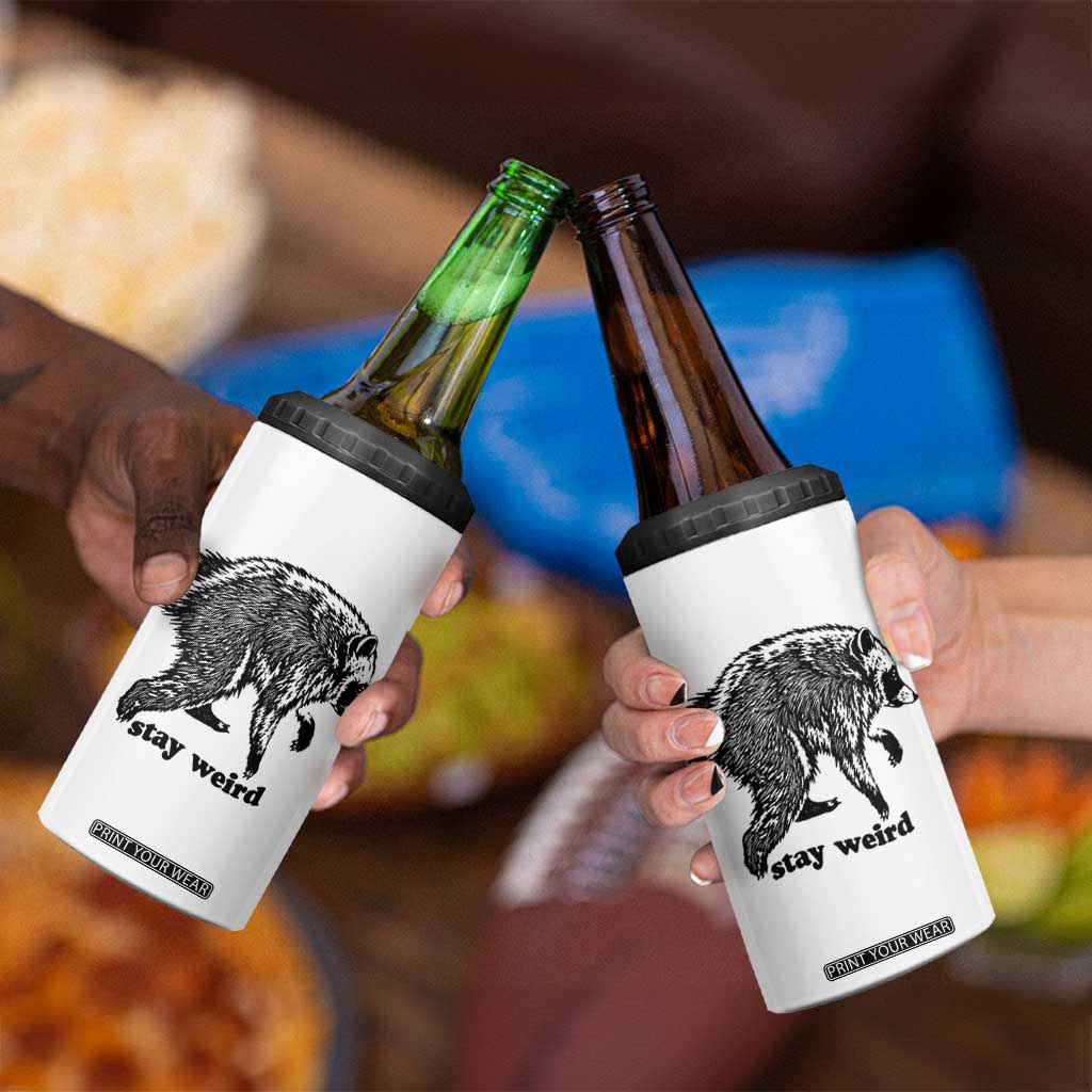 Stay Weird Jimothy the Raccoon Vintage Woodcut Style Graphic 4 in 1 Can Cooler Tumbler Funny Seattle Trash Panda Meme