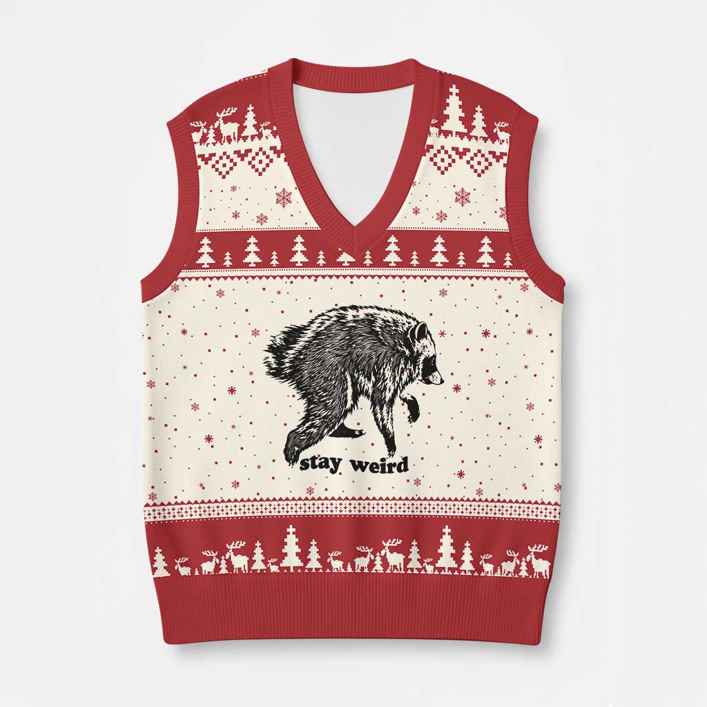 Stay Weird Jimothy the Raccoon Vintage Woodcut Style Graphic V-Neck Knit Sweater Vest Funny Seattle Trash Panda Meme TS02 Beige Red Print Your Wear