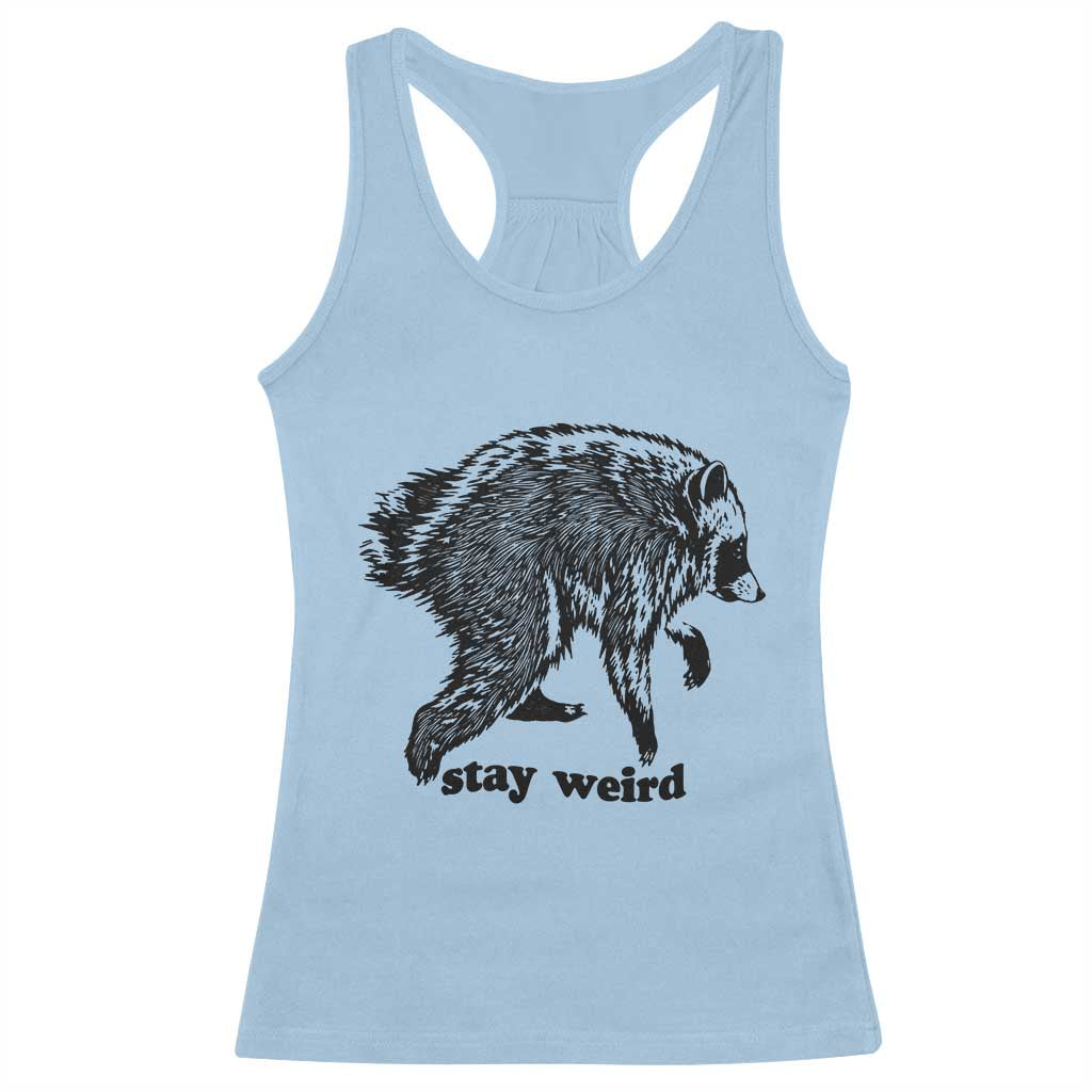 Stay Weird Jimothy the Raccoon Vintage Woodcut Style Graphic Racerback Tank Top Funny Seattle Trash Panda Meme