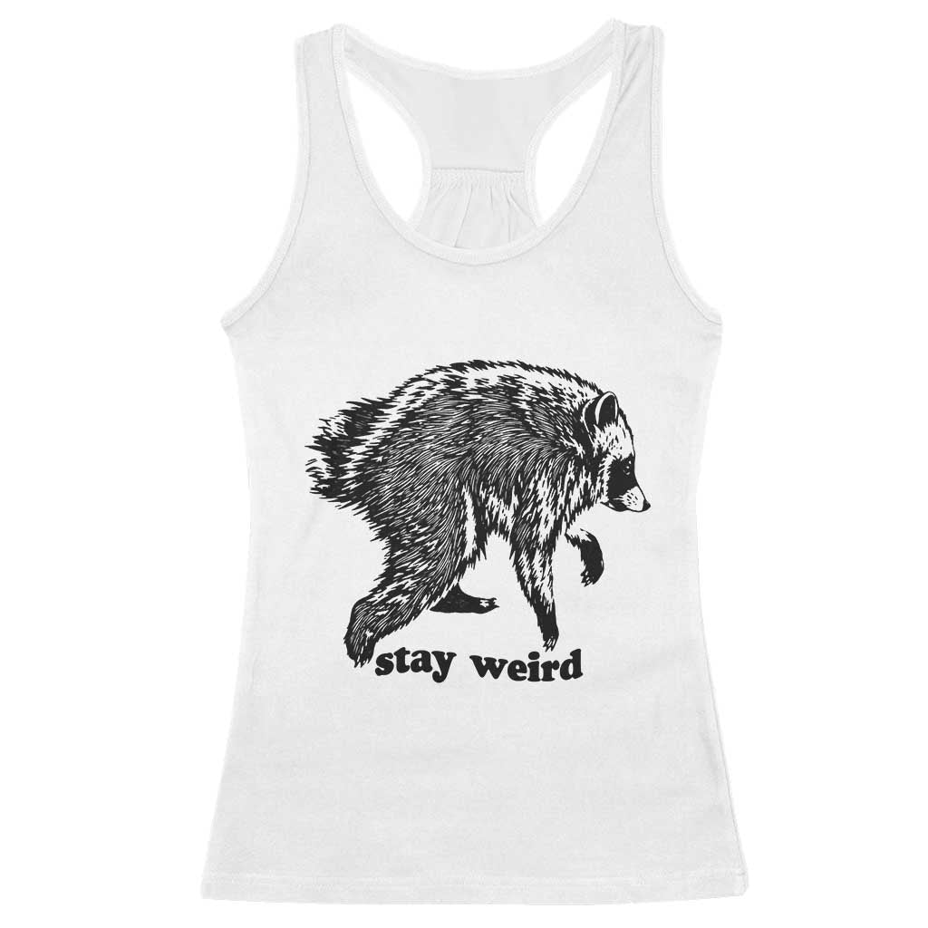 Stay Weird Jimothy the Raccoon Vintage Woodcut Style Graphic Racerback Tank Top Funny Seattle Trash Panda Meme TS02 White Print Your Wear