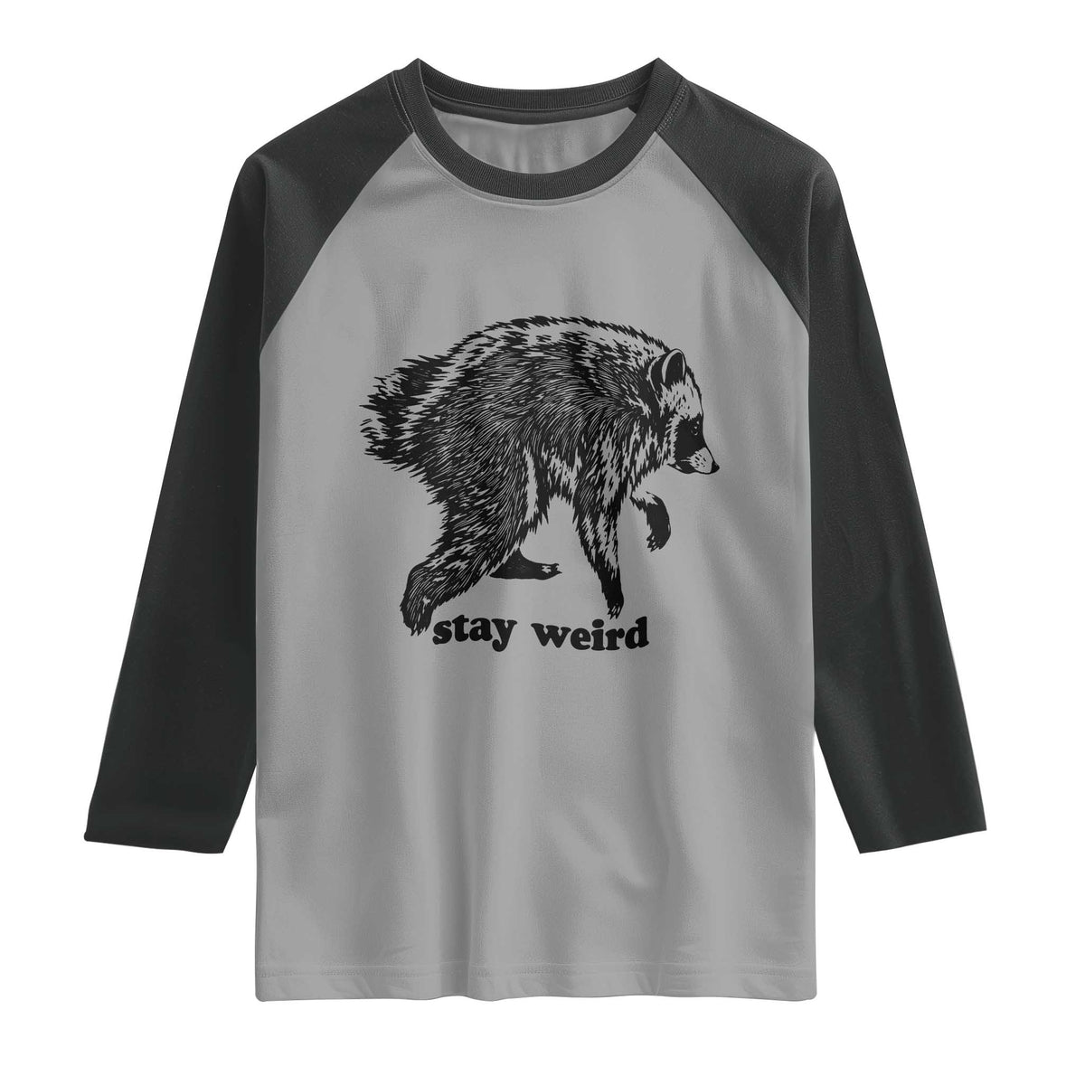 Stay Weird Jimothy the Raccoon Vintage Woodcut Style Graphic Raglan Shirt Funny Seattle Trash Panda Meme