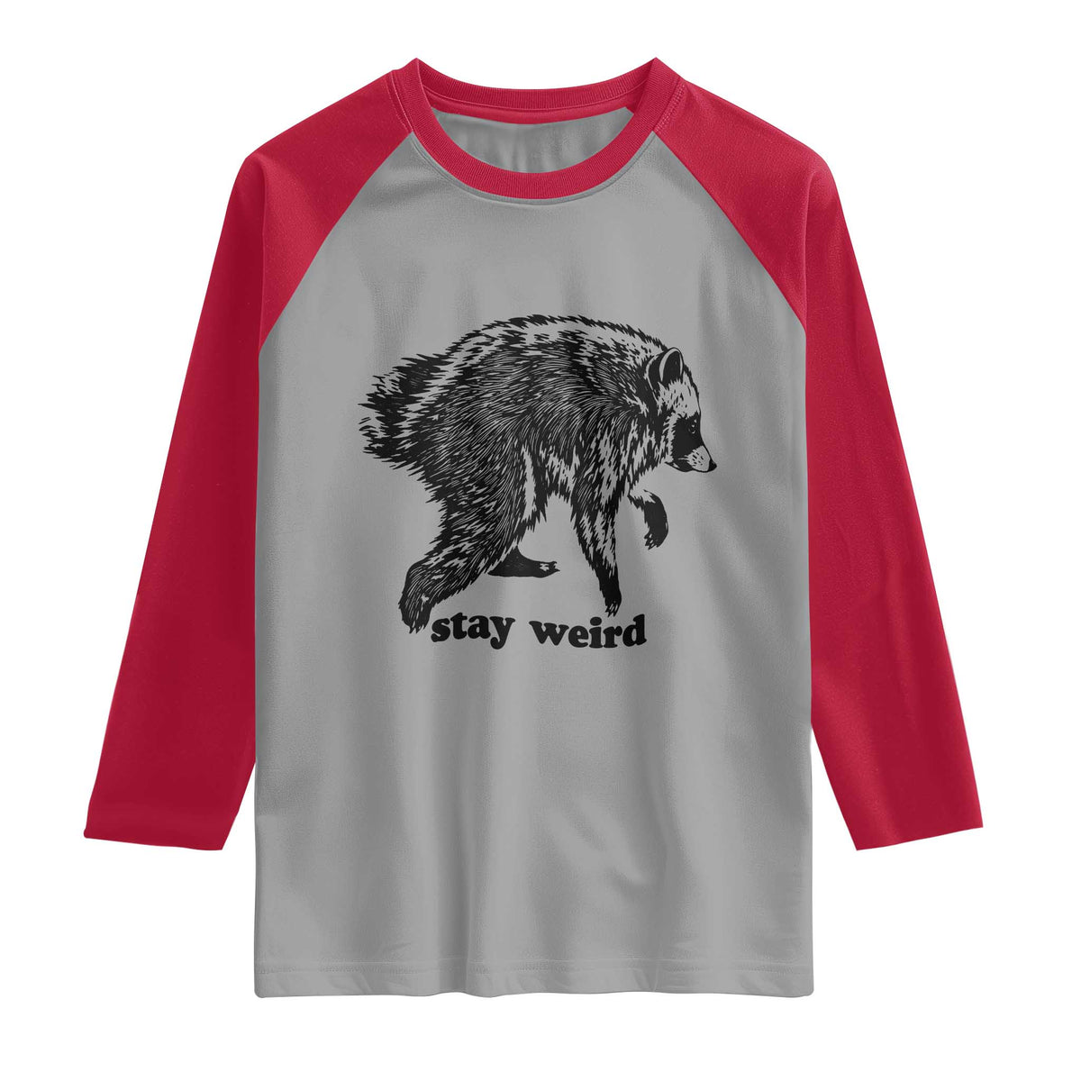 Stay Weird Jimothy the Raccoon Vintage Woodcut Style Graphic Raglan Shirt Funny Seattle Trash Panda Meme