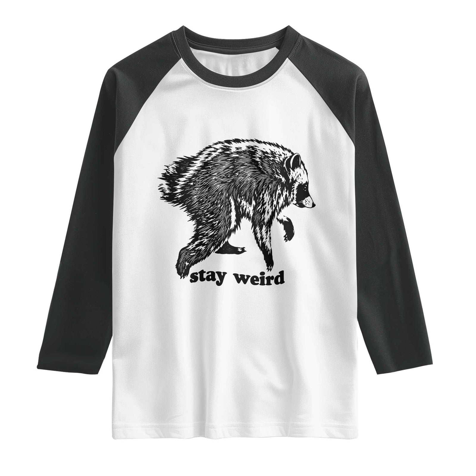 Stay Weird Jimothy the Raccoon Vintage Woodcut Style Graphic Raglan Shirt Funny Seattle Trash Panda Meme TS02 White Black Print Your Wear