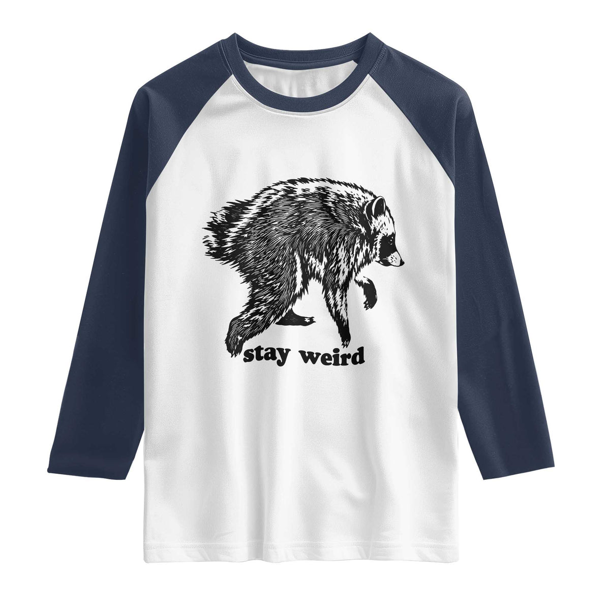 Stay Weird Jimothy the Raccoon Vintage Woodcut Style Graphic Raglan Shirt Funny Seattle Trash Panda Meme