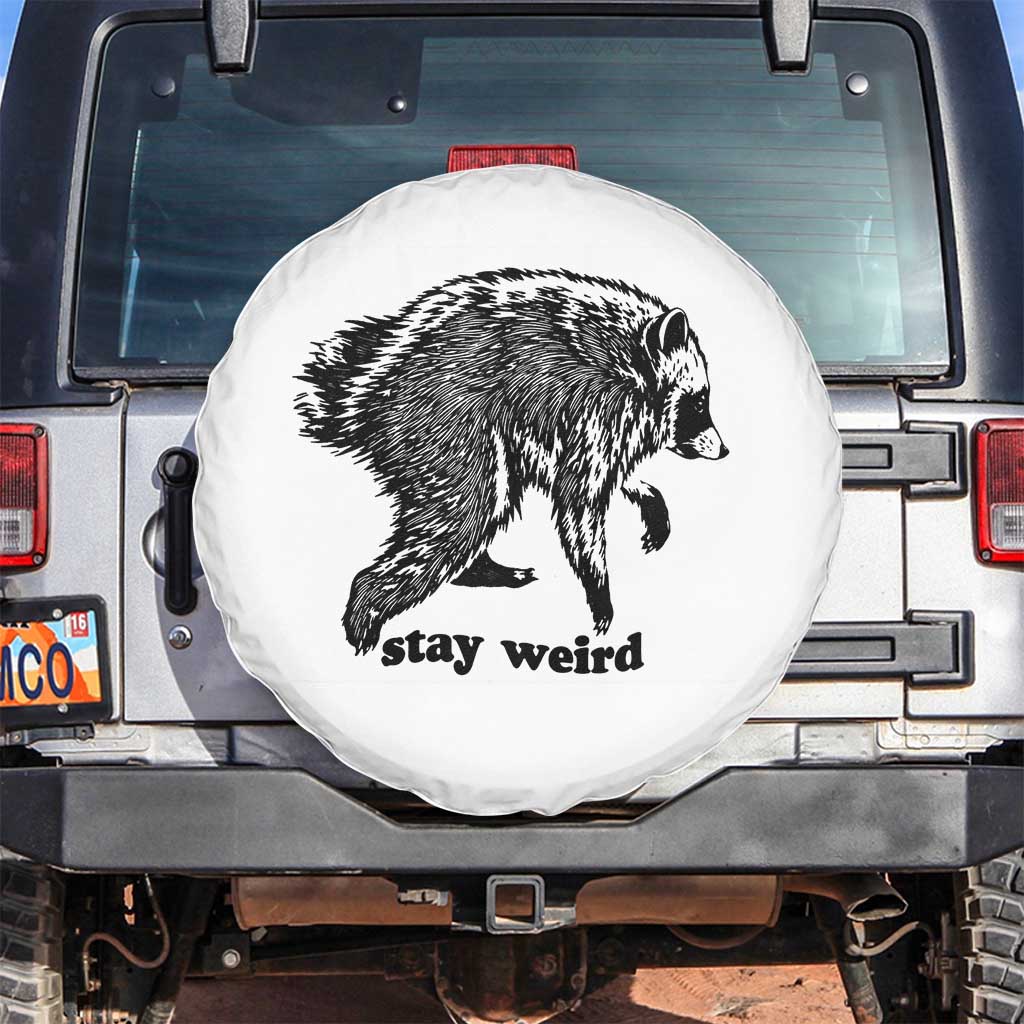Stay Weird Jimothy the Raccoon Vintage Woodcut Style Graphic Spare Tire Cover Funny Seattle Trash Panda Meme