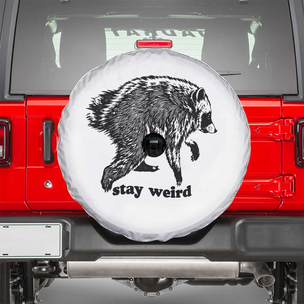 Stay Weird Jimothy the Raccoon Vintage Woodcut Style Graphic Spare Tire Cover Funny Seattle Trash Panda Meme