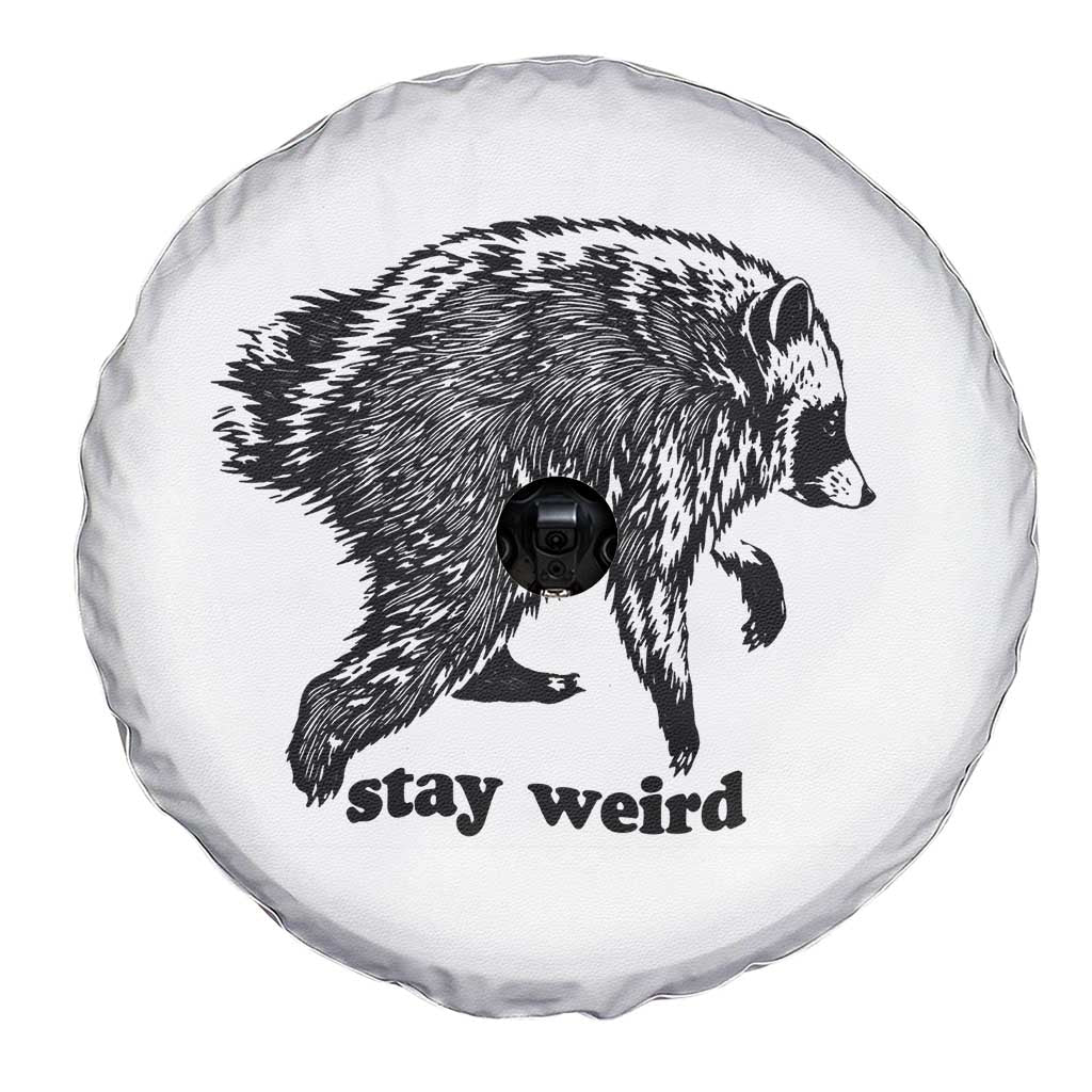 Stay Weird Jimothy the Raccoon Vintage Woodcut Style Graphic Spare Tire Cover Funny Seattle Trash Panda Meme