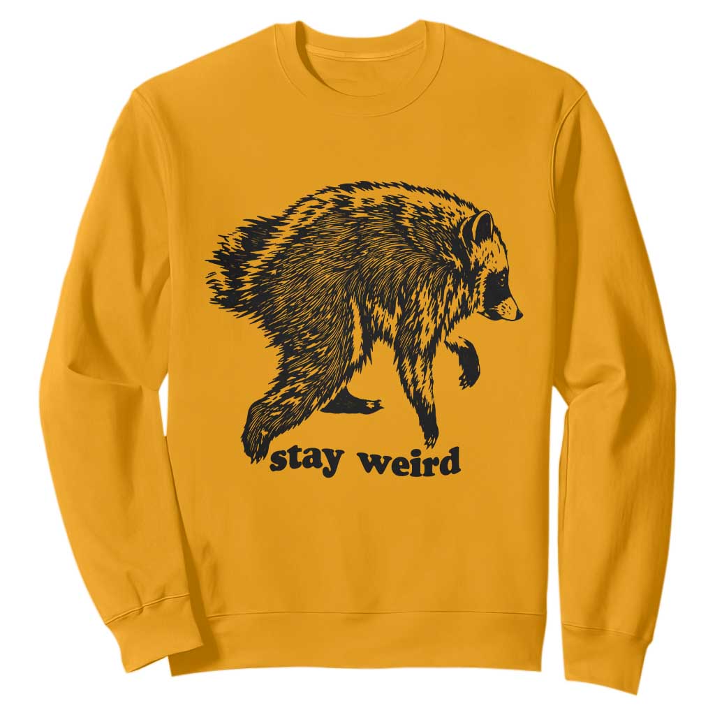 Stay Weird Jimothy the Raccoon Vintage Woodcut Style Graphic Sweatshirt Funny Seattle Trash Panda Meme