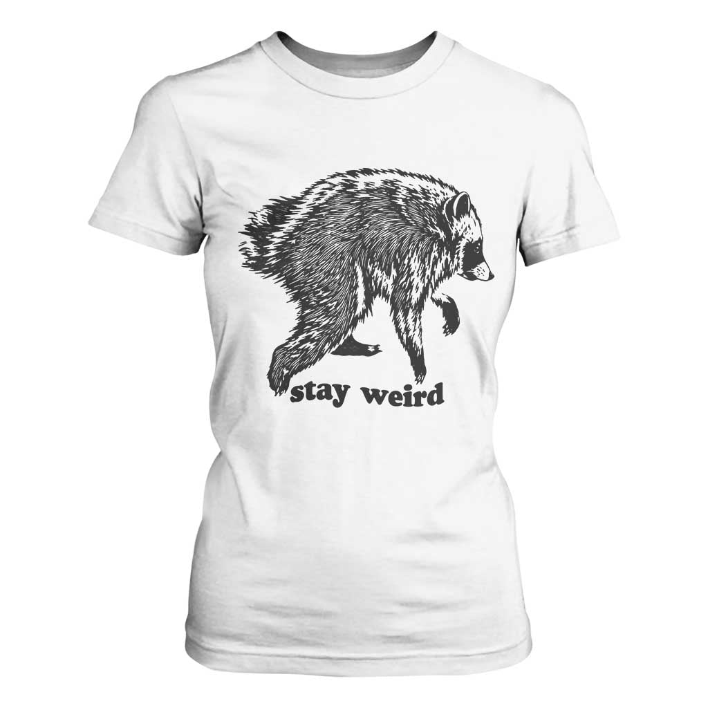 Stay Weird Jimothy the Raccoon Vintage Woodcut Style Graphic T Shirt For Women Funny Seattle Trash Panda Meme TS02 White Print Your Wear