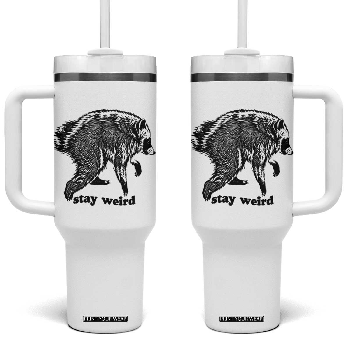 Stay Weird Jimothy the Raccoon Vintage Woodcut Style Graphic Tumbler With Handle Funny Seattle Trash Panda Meme