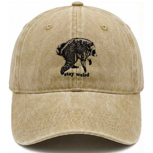 Stay Weird Jimothy the Raccoon Vintage Woodcut Style Graphic Washed Cotton Baseball Cap Funny Seattle Trash Panda Meme
