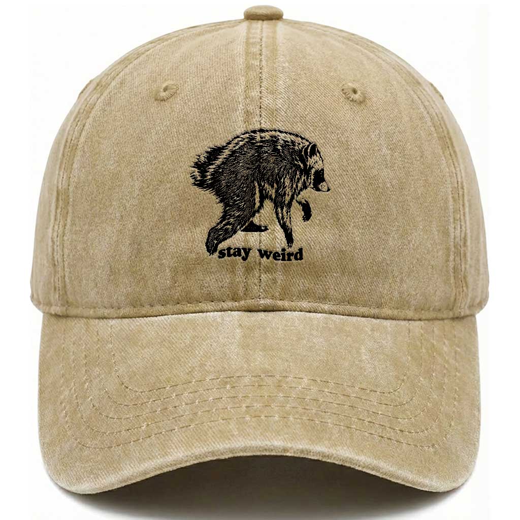 Stay Weird Jimothy the Raccoon Vintage Woodcut Style Graphic Washed Cotton Baseball Cap Funny Seattle Trash Panda Meme TS02 Print Your Wear
