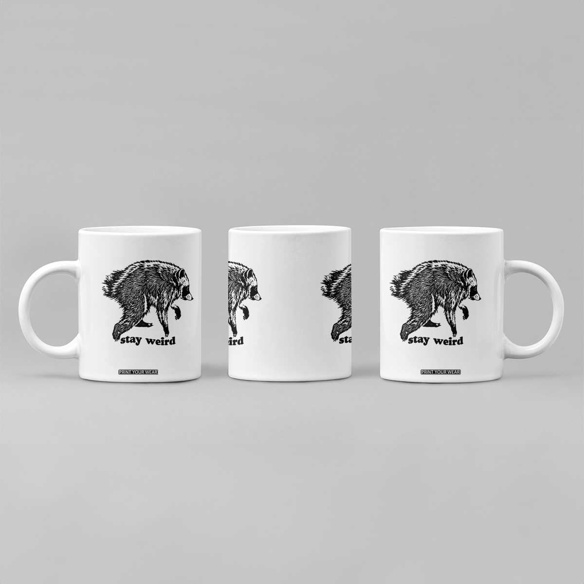Stay Weird Jimothy the Raccoon Vintage Woodcut Style Graphic Coffee Mug Funny Seattle Trash Panda Meme