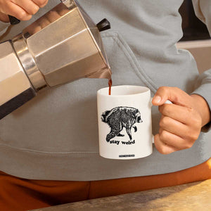 Stay Weird Jimothy the Raccoon Vintage Woodcut Style Graphic Coffee Mug Funny Seattle Trash Panda Meme