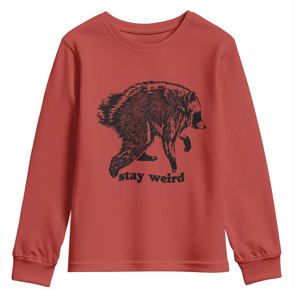 Stay Weird Jimothy the Raccoon Vintage Woodcut Style Graphic Youth Sweatshirt Funny Seattle Trash Panda Meme