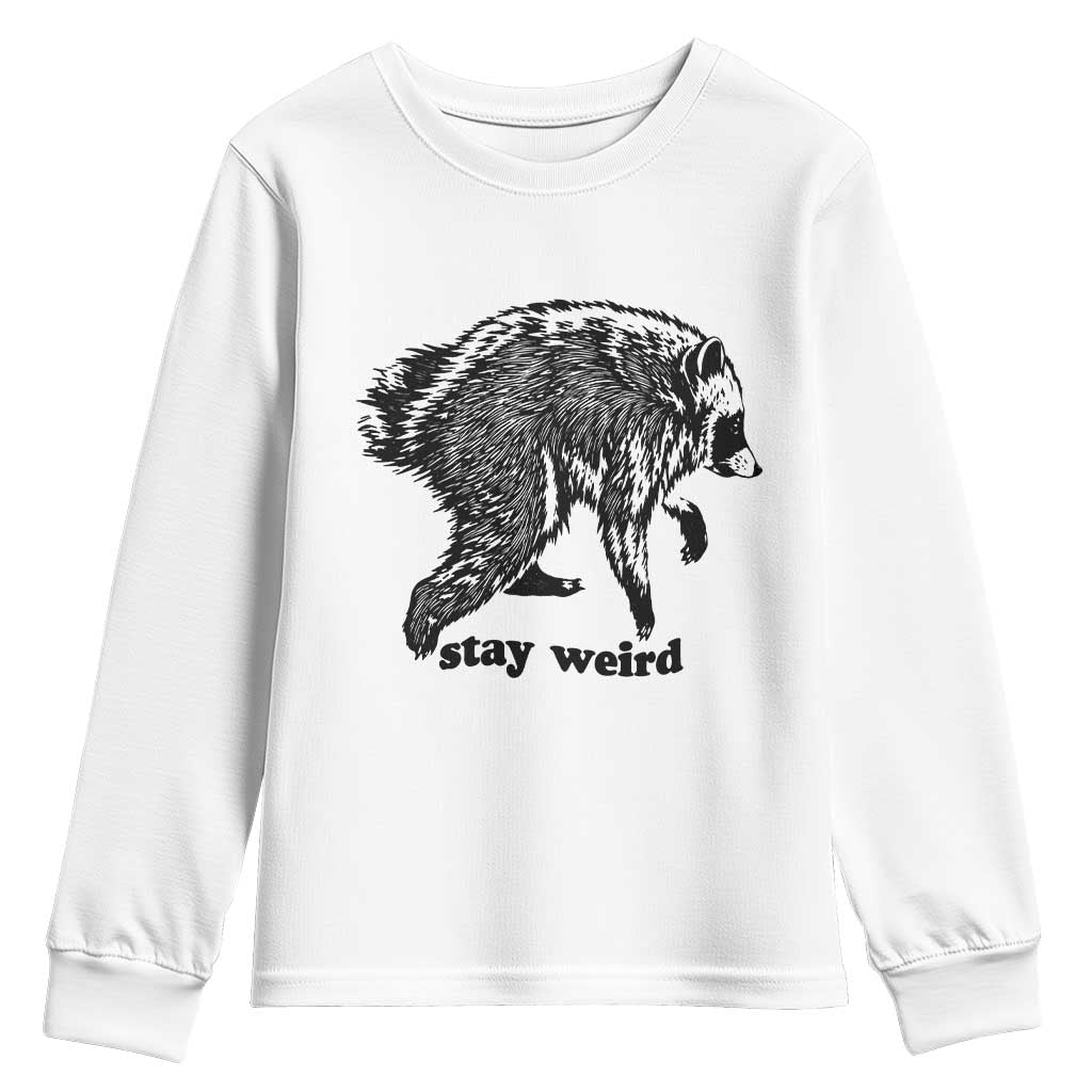 Stay Weird Jimothy the Raccoon Vintage Woodcut Style Graphic Youth Sweatshirt Funny Seattle Trash Panda Meme TS02 White Print Your Wear