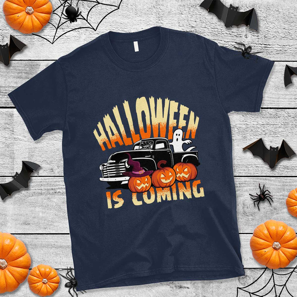 Halloween Season T Shirt Spooky Season Is Coming Scary Pumpkin Car TS02 Navy Print Your Wear