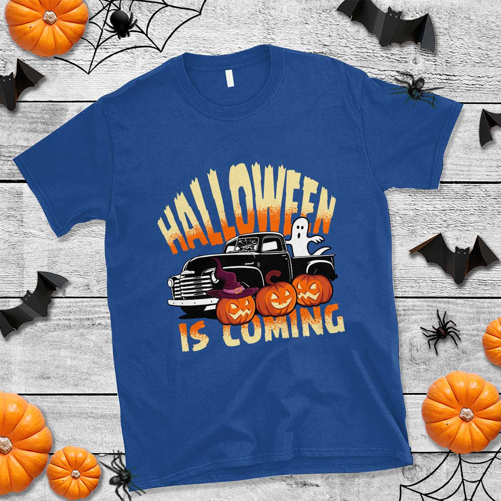 Halloween Season T Shirt Spooky Season Is Coming Scary Pumpkin Car TS02 Royal Blue Print Your Wear